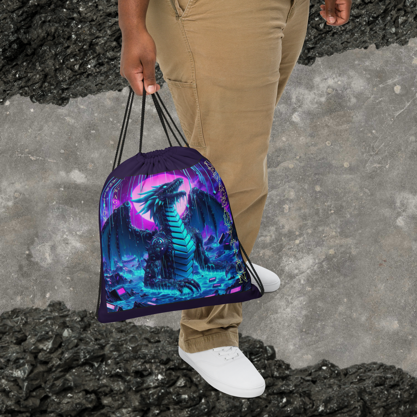 Tech consumes fantasy NEW AGE AMBITIONS Drawstring bag