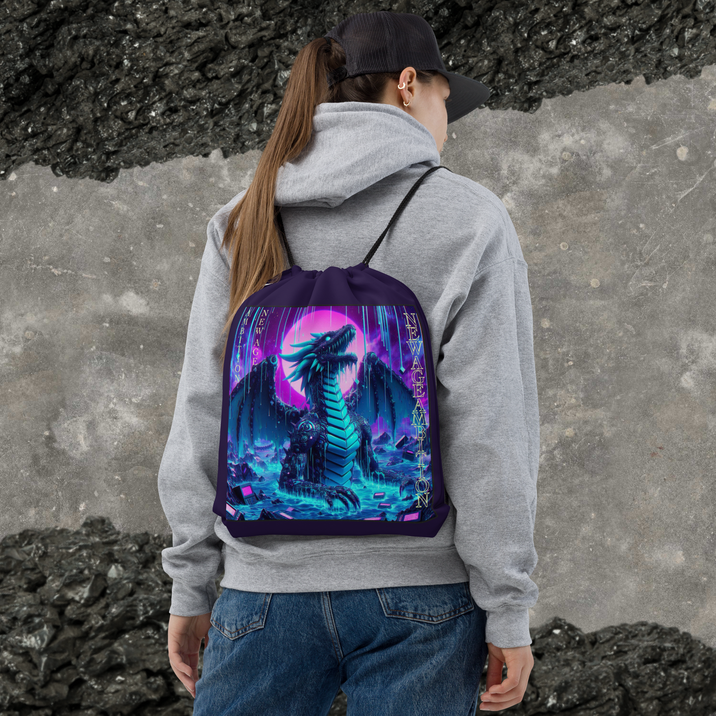 Tech consumes fantasy NEW AGE AMBITIONS Drawstring bag